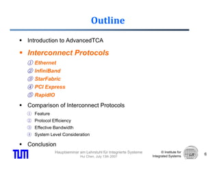 Outline
Introduction to AdvancedTCA

Interconnect Protocols
①   Ethernet
②   InfiniBand
③   StarFabric
④   PCI Express
⑤   RapidIO

Comparison of Interconnect Protocols
① Feature
② Protocol Efficiency
③ Effective Bandwidth
④ System Level Consideration

Conclusion
              Hauptseminar am Lehrstuhl für Integrierte Systeme         © Institute for
                                                                                          6
                            Hui Chen, July 13th 2007              Integrated Systems
 