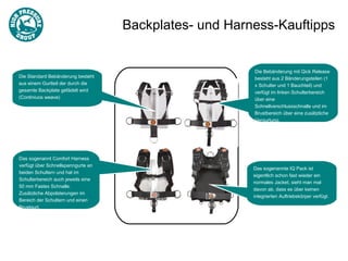 Backplates- und Harness-Kauftipps


                                                        Die Bebänderung mit Qick Release
Die Standard Bebänderung besteht                        besteht aus 2 Bänderungsteilen (1
aus einem Gurtteil der durch die                        x Schulter und 1 Bauchteil) und
gesamte Backplate gefädelt wird                         verfügt im linken Schulterbereich
(Continiuos weave)                                      über eine
                                                        Schnellverschlussschnalle und im
                                                        Brustbereich über eine zusätzliche
                                                        Vergurtung.




Das sogenannt Comfort Harness
verfügt über Schnellspanngurte an
                                                        Das sogenannte IQ Pack ist
beiden Schultern und hat im
                                                        eigentlich schon fast wieder ein
Schulterbereich auch jeweils eine
                                                        normales Jacket, sieht man mal
50 mm Fastex Schnalle.
                                                        davon ab, dass es über keinen
Zusätzliche Abpolsterungen im
                                                        integrierten Auftriebskörper verfügt.
Bereich der Schultern und einen
Brustgurt.
 