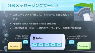 分散メッセージングサービス
• 大きなバッファを用意して、メッセージをあふれにくく
する。
• Apache Kafka, Amazon Kinesis Streams
• 一時的な負荷上昇や、一時的なコンポーネントの障害に対応可能。
Producer Consumer
Consumerの速度に応じて
メッセージを流す
下流は気にせず
メッセージを流す
 