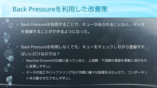 Back Pressureを利用した改善策
• Back Pressureを利用することで、キューがあふれることなく、データ
を登録することができるようになった。
• Back Pressureを利用しなくても、キューをチェックしながら登録すれ
ばいいだけなのでは？
− Reactive Streamsの仕様に従っていると、上流側・下流側の実装を柔軟に他のもの
に変更しやすい。
− データの加工やバッファリングなど中間に様々な処理をはさんだり、コンポーネン
トを分散させたりもしやすい。
 