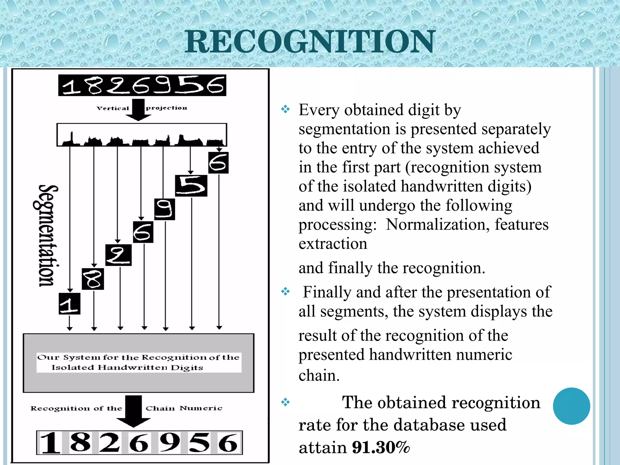 RECOGNITION Every obtained digit by segmentation is presented separately to the entry of the system achieved in the first part (recognition system of the isolated handwritten digits) and will undergo the following processing:  Normalization, features extraction and finally the recognition. Finally and after the presentation of all segments, the system displays the result of the recognition of the presented handwritten numeric chain.   The obtained recognition rate for the database used attain  91.30% 