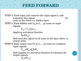 FEED   FORWARD STEP 4: Each input unit receives the input signal x i  and  transmits this signal  all  units in the above i.e. hidden layer. STEP 5: Each hidden unit (z h ,h=1,….p) sums its input  signals. Z inj  = V oj +∑x i v ij Applying activation function Z j =f(Z inj ) And send this signal to all units in the layer above i.e  output units. STEP 6: Each output unit (Y k, k=1,….m) sums its weighted  input signals. Y ink =W ok +∑Z j W ij And supplies its activation function to calculate the  output signals. Y k =f(Y ink ) 