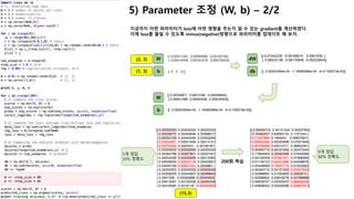4) Gradient(기울기) 계산 – 2/2
dscores = probs
dscores[range(num_examples),y] -= 1
[[-0.04444444 0.02222222 0.02222222]
[-0.04451448 0.0222691 0.02224538]
[-0.04449856 0.02229503 0.02220353]
[-0.04436387 0.0222211 0.02214277]
[-0.04416366 0.02203687 0.02212679]
[ 0.02222222 -0.04444444 0.02222222]
[ 0.0222632 -0.04448813 0.02222493]
[ 0.02216947 -0.04444453 0.02227506]
[ 0.02201797 -0.04431859 0.02230062]
[ 0.0220205 -0.04425251 0.02223201]
[ 0.02222222 0.02222222 -0.04444444]
[ 0.02223949 0.02222928 -0.04446877]
[ 0.02234224 0.02216066 -0.0445029 ]
[ 0.02240886 0.02206817 -0.04447703]
[ 0.02227906 0.02210745 -0.04438651]]
dscores
[[-0.66666667 0.33333333 0.33333333]
[-0.66629358 0.33431919 0.33197439]
[-0.66604902 0.33558568 0.33046334]
[-0.66679333 0.33454222 0.33225111]
[-0.66817665 0.32953226 0.33864438]
[ 0.33333333 -0.66666667 0.33333333]
[ 0.33303264 -0.66778284 0.3347502 ]
[ 0.3332074 -0.66802141 0.33481401]
[ 0.33440814 -0.66417015 0.32976201]
[ 0.33466927 -0.66213759 0.32746832]
[ 0.33333333 0.33333333 -0.66666667]
[ 0.33348317 0.33421333 -0.6676965 ]
[ 0.33274968 0.33241886 -0.66516854]
[ 0.3322957 0.32994002 -0.66223571]
[ 0.33302089 0.33049026 -0.66351115]]
dscores
위 공식으로 f(scores)의 어떤 index 값을 증가시켜야, loss가 줄어드는지 알 수 있게 되었다.
dscores /= num_examples # gradient
(15, 3)
정답의 확률에 -1을 한 결과.
Dscores를 전체 개수
(num_exmaples, 15)로 나
누어서 전체에서 미치는 영
향으로 조정해 준다. .
 