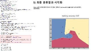 5) 최종 분류결과 시각화
Data set을 15개로 줄여서 태스트 한 결과, 정확도가 softmax(60%) à NN(87%)로 높아졌다.
원래 예제인
training accuracy: 0.87
5
 