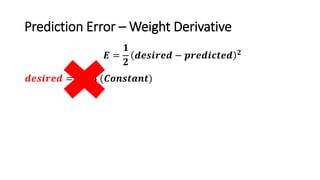 Prediction Error – Weight Derivative
𝑬 =
𝟏
𝟐
𝒅𝒆𝒔𝒊𝒓𝒆𝒅 − 𝒑𝒓𝒆𝒅𝒊𝒄𝒕𝒆𝒅 𝟐
𝒅𝒆𝒔𝒊𝒓𝒆𝒅 = 𝟎. 𝟎𝟑 (𝑪𝒐𝒏𝒔𝒕𝒂𝒏𝒕)
 