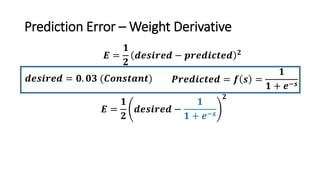 Prediction Error – Weight Derivative
𝑬 =
𝟏
𝟐
𝒅𝒆𝒔𝒊𝒓𝒆𝒅 −
𝟏
𝟏 + 𝒆−𝒔
𝟐
𝑬 =
𝟏
𝟐
𝒅𝒆𝒔𝒊𝒓𝒆𝒅 − 𝒑𝒓𝒆𝒅𝒊𝒄𝒕𝒆𝒅 𝟐
𝒅𝒆𝒔𝒊𝒓𝒆𝒅 = 𝟎. 𝟎𝟑 (𝑪𝒐𝒏𝒔𝒕𝒂𝒏𝒕) 𝑷𝒓𝒆𝒅𝒊𝒄𝒕𝒆𝒅 = 𝒇 𝒔 =
𝟏
𝟏 + 𝒆−𝒔
 