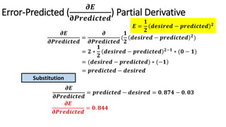 Error-Predicted (
𝝏𝑬
𝛛𝑷𝒓𝒆𝒅𝒊𝒄𝒕𝒆𝒅
) Partial Derivative
Substitution
𝝏𝑬
𝝏𝑷𝒓𝒆𝒅𝒊𝒄𝒕𝒆𝒅
=
𝝏
𝝏𝑷𝒓𝒆𝒅𝒊𝒄𝒕𝒆𝒅
(
𝟏
𝟐
𝒅𝒆𝒔𝒊𝒓𝒆𝒅 − 𝒑𝒓𝒆𝒅𝒊𝒄𝒕𝒆𝒅 𝟐)
= 𝟐 ∗
𝟏
𝟐
𝒅𝒆𝒔𝒊𝒓𝒆𝒅 − 𝒑𝒓𝒆𝒅𝒊𝒄𝒕𝒆𝒅 𝟐−𝟏
∗ (𝟎 − 𝟏)
)= (𝒅𝒆𝒔𝒊𝒓𝒆𝒅 − 𝒑𝒓𝒆𝒅𝒊𝒄𝒕𝒆𝒅) ∗ (−𝟏
= 𝒑𝒓𝒆𝒅𝒊𝒄𝒕𝒆𝒅 − 𝒅𝒆𝒔𝒊𝒓𝒆𝒅
𝝏𝑬
𝛛𝑷𝒓𝒆𝒅𝒊𝒄𝒕𝒆𝒅
= 𝒑𝒓𝒆𝒅𝒊𝒄𝒕𝒆𝒅 − 𝒅𝒆𝒔𝒊𝒓𝒆𝒅 = 𝟎. 𝟖𝟕𝟒 − 𝟎. 𝟎𝟑
𝝏𝑬
𝛛𝑷𝒓𝒆𝒅𝒊𝒄𝒕𝒆𝒅
= 𝟎. 𝟖𝟒𝟒
𝑬 =
𝟏
𝟐
𝒅𝒆𝒔𝒊𝒓𝒆𝒅 − 𝒑𝒓𝒆𝒅𝒊𝒄𝒕𝒆𝒅 𝟐
 