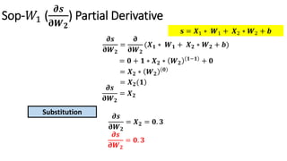 𝝏𝒔
𝛛𝑾 𝟐
=
𝛛
𝛛𝑾 𝟐
(𝑿 𝟏 ∗ 𝑾 𝟏 + 𝑿 𝟐 ∗ 𝑾 𝟐 + 𝒃)
= 𝟎 + 𝟏 ∗ 𝑿 𝟐 ∗ 𝑾 𝟐
𝟏−𝟏 + 𝟎
= 𝑿 𝟐 ∗ 𝑾 𝟐
𝟎
)= 𝑿 𝟐(𝟏
𝝏𝒔
𝛛𝑾 𝟐
= 𝑿 𝟐
𝝏𝒔
𝛛𝑾 𝟐
= 𝑿 𝟐 = 𝟎. 𝟑
Substitution
𝝏𝒔
𝛛𝑾 𝟐
= 𝟎. 𝟑
𝐬 = 𝑿1 ∗ 𝑾1 + 𝑿2 ∗ 𝑾2 + 𝒃
Sop-𝑊1 (
𝝏𝒔
𝛛𝑾 𝟐
) Partial Derivative
 