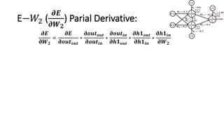 E−𝑊2 (
𝝏𝑬
𝝏𝑾 𝟐
) Parial Derivative:
𝝏𝑬
𝛛𝑾 𝟐
=
𝛛𝑬
𝛛𝒐𝒖𝒕 𝒐𝒖𝒕
∗
𝛛𝒐𝒖𝒕 𝒐𝒖𝒕
𝛛𝒐𝒖𝒕𝒊𝒏
∗
𝛛𝒐𝒖𝒕𝒊𝒏
𝛛𝒉𝟏 𝒐𝒖𝒕
∗
𝛛𝒉𝟏 𝒐𝒖𝒕
𝛛𝒉𝟏𝒊𝒏
∗
𝛛𝒉𝟏𝒊𝒏
𝛛𝑾 𝟐
 