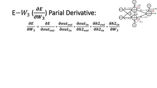 E−𝑊3 (
𝝏𝑬
𝝏𝑾 𝟑
) Parial Derivative:
𝝏𝑬
𝛛𝑾 𝟑
=
𝛛𝑬
𝛛𝒐𝒖𝒕 𝒐𝒖𝒕
∗
𝛛𝒐𝒖𝒕 𝒐𝒖𝒕
𝛛𝒐𝒖𝒕𝒊𝒏
∗
𝛛𝒐𝒖𝒕𝒊𝒏
𝛛𝒉𝟐 𝒐𝒖𝒕
∗
𝛛𝒉𝟐 𝒐𝒖𝒕
𝛛𝒉𝟐𝒊𝒏
∗
𝛛𝒉𝟐𝒊𝒏
𝛛𝑾 𝟑
 