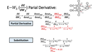 E−𝑊3 (
𝝏𝑬
𝝏𝑾 𝟑
) Parial Derivative:
𝝏𝒉𝟐 𝒐𝒖𝒕
𝝏𝒉𝟐𝒊𝒏
=
𝝏
𝝏𝒉 𝟐𝒊𝒏
(
𝟏
𝟏 + 𝒆−𝒉 𝟐𝒊𝒏
)
𝝏𝒉𝟐 𝒐𝒖𝒕
𝝏𝒉𝟐𝒊𝒏
= (
𝟏
𝟏 + 𝒆−𝒉 𝟐𝒊𝒏
)(𝟏 −
𝟏
𝟏 + 𝒆−𝒉 𝟐𝒊𝒏
)
Partial Derivative
Substitution
𝝏𝒉𝟐 𝒐𝒖𝒕
𝝏𝒉𝟐𝒊𝒏
= (
𝟏
𝟏 + 𝒆−𝒉 𝟐𝒊𝒏
)(𝟏 −
𝟏
𝟏 + 𝒆−𝒉 𝟐𝒊𝒏
)
= (
𝟏
𝟏 + 𝒆−𝟎.𝟎𝟐𝟐
)(𝟏 −
𝟏
𝟏 + 𝒆−𝟎.𝟎𝟐𝟐
)
𝝏𝒉 𝟐𝒐𝒖𝒕
𝝏𝒉 𝟐𝒊𝒏
= 𝟎. 𝟐𝟓
𝝏𝑬
𝛛𝑾 𝟑
=
𝛛𝑬
𝛛𝒐𝒖𝒕 𝒐𝒖𝒕
∗
𝛛𝒐𝒖𝒕 𝒐𝒖𝒕
𝛛𝒐𝒖𝒕𝒊𝒏
∗
𝛛𝒐𝒖𝒕𝒊𝒏
𝛛𝒉𝟐 𝒐𝒖𝒕
∗
𝛛𝒉𝟐 𝒐𝒖𝒕
𝛛𝒉𝟐𝒊𝒏
∗
𝛛𝒉𝟐𝒊𝒏
𝛛𝑾 𝟑
 