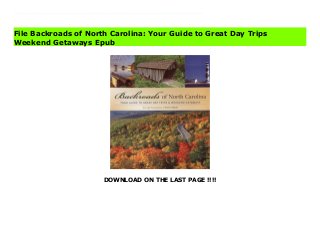 DOWNLOAD ON THE LAST PAGE !!!!
Download Here https://ebooklibrary.solutionsforyou.space/?book=0760325928 North Carolina is a traveler’s dream, from the Great Smoky Mountains to the Outer Banks’ historic lighthouses, wild horses, and charming fishing villages; from battlegrounds of the Revolutionary and Civil Wars to the “heart of motorsports”; from rolling wine country and golf courses to stately plantations and rustic settlements. Whether you travel North Carolina for its historic treasures or natural beauty, this handy guide will help you find the Old North State’s most spectacular sites and secret treasures. The book charts weekend adventures and day trips along back roads and scenic routes, into the state’s many mist-shrouded mountains--the Black, the Blue Ridge, and the Great Smokies--and down to its ever-changing shores. Sumptuously illustrated, with maps and all manner of interesting detail, Backroads of North Carolina is a page-by-page pleasure, as well as a passport to the more off-beat delights of the Tar Heel State. Download Online PDF Backroads of North Carolina: Your Guide to Great Day Trips Weekend Getaways Read PDF Backroads of North Carolina: Your Guide to Great Day Trips Weekend Getaways Download Full PDF Backroads of North Carolina: Your Guide to Great Day Trips Weekend Getaways
File Backroads of North Carolina: Your Guide to Great Day Trips
Weekend Getaways Epub
 