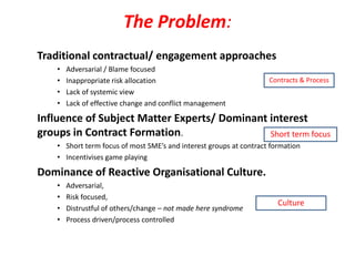 The Problem:
Traditional contractual/ engagement approaches
    •   Adversarial / Blame focused
    •   Inappropriate risk allocation                               Contracts & Process
    •   Lack of systemic view
    •   Lack of effective change and conflict management

Influence of Subject Matter Experts/ Dominant interest
groups in Contract Formation.                 Short term focus
    • Short term focus of most SME’s and interest groups at contract formation
    • Incentivises game playing

Dominance of Reactive Organisational Culture.
    •   Adversarial,
    •   Risk focused,
                                                                       Culture
    •   Distrustful of others/change – not made here syndrome
    •   Process driven/process controlled
 