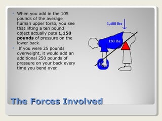The Forces Involved When you add in the 105 pounds of the average human upper torso, you see that lifting a ten pound object actually puts  1,150 pounds  of pressure on the lower back. If you were 25 pounds overweight, it would add an additional 250 pounds of pressure on your back every time you bend over.  