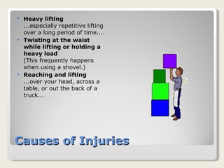Causes of Injuries Heavy lifting ...especially repetitive lifting over a long period of time.... Twisting at the waist while lifting or holding a heavy load (This frequently happens when using a shovel.) Reaching and lifting ...over your head, across a table, or out the back of a truck... 