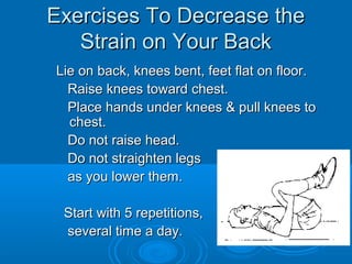 Exercises To Decrease theExercises To Decrease the
Strain on Your BackStrain on Your Back
Lie on back, knees bent, feet flat on floor.Lie on back, knees bent, feet flat on floor.
Raise knees toward chest.Raise knees toward chest.
Place hands under knees & pull knees toPlace hands under knees & pull knees to
chest.chest.
Do not raise head.Do not raise head.
Do not straighten legsDo not straighten legs
as you lower them.as you lower them.
Start with 5 repetitions,Start with 5 repetitions,
several time a day.several time a day.
 