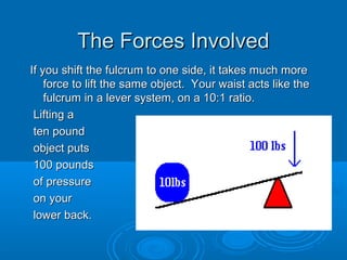 The Forces InvolvedThe Forces Involved
If you shift the fulcrum to one side, it takes much moreIf you shift the fulcrum to one side, it takes much more
force to lift the same object. Your waist acts like theforce to lift the same object. Your waist acts like the
fulcrum in a lever system, on a 10:1 ratio.fulcrum in a lever system, on a 10:1 ratio.
Lifting aLifting a
ten poundten pound
object putsobject puts
100 pounds100 pounds
of pressureof pressure
on youron your
lower back.lower back.
 