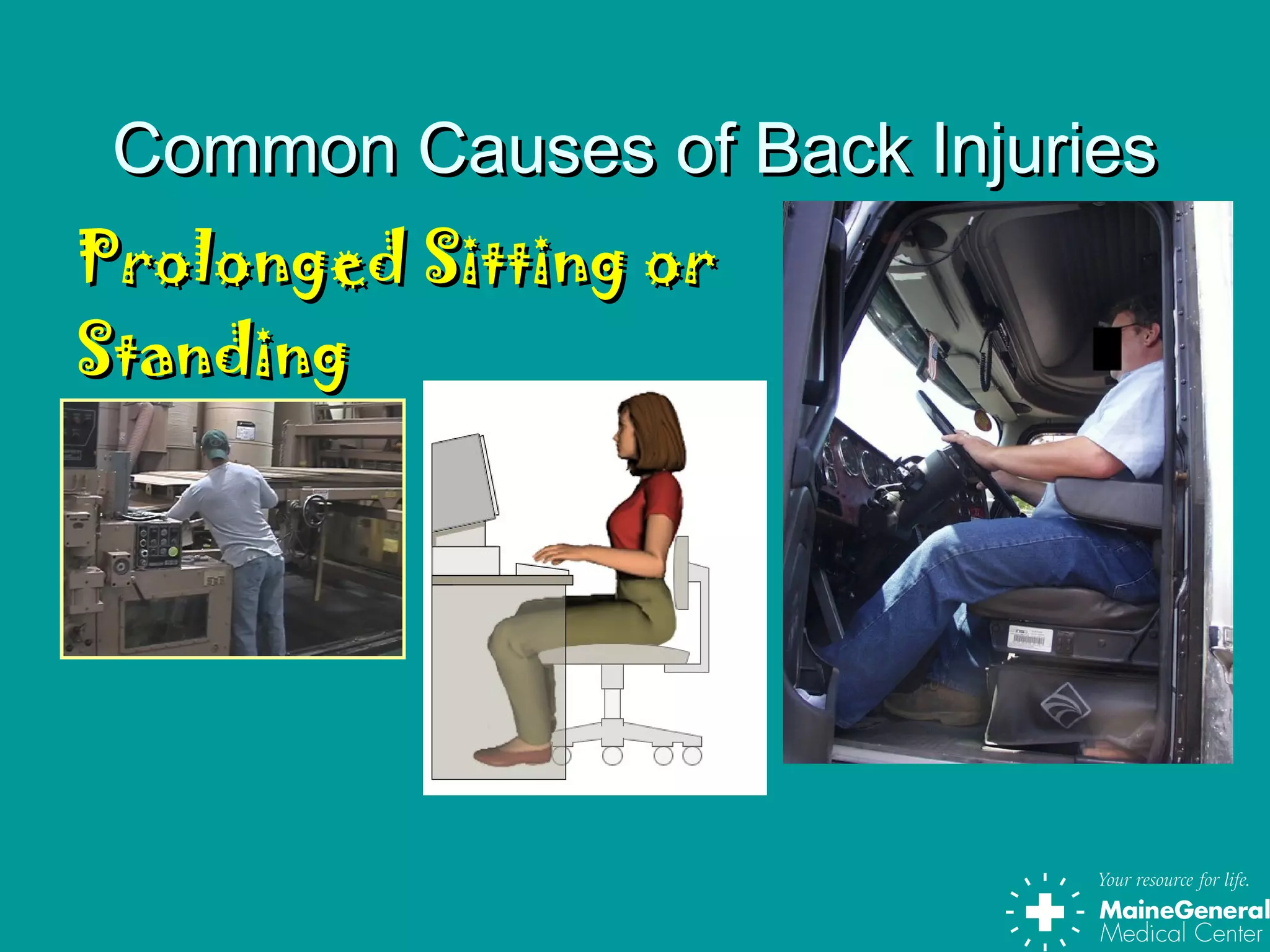 Common Causes of Back InjuriesCommon Causes of Back Injuries
Prolonged Sitting orProlonged Sitting or
StandingStanding
 