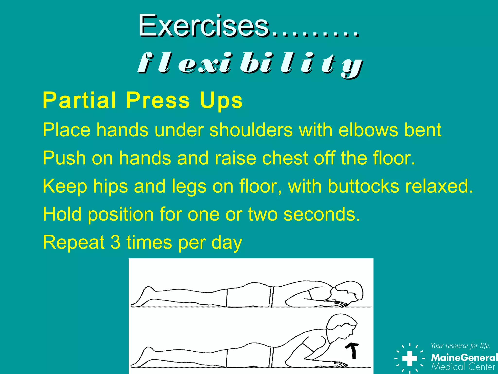 Exercises………Exercises………
f l exi bi l i t yf l exi bi l i t y
Partial Press Ups
Place hands under shoulders with elbows bent
Push on hands and raise chest off the floor.
Keep hips and legs on floor, with buttocks relaxed.
Hold position for one or two seconds.
Repeat 3 times per day
 