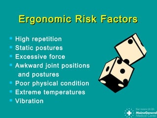 Ergonomic Risk FactorsErgonomic Risk Factors
 High repetition
 Static postures
 Excessive force
 Awkward joint positions
and postures
 Poor physical condition
 Extreme temperatures
 Vibration
 