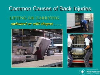 Common Causes of Back InjuriesCommon Causes of Back Injuries
Lifting or carryingLifting or carrying
awkward or odd shapes . . . .awkward or odd shapes . . . .
 