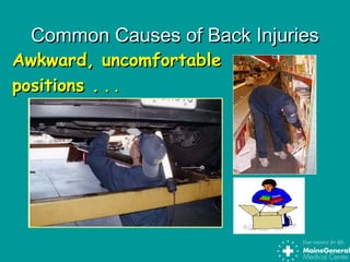 Common Causes of Back InjuriesCommon Causes of Back Injuries
Awkward, uncomfortableAwkward, uncomfortable
positions .positions . . .. .
 