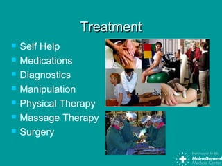 TreatmentTreatment
 Self Help
 Medications
 Diagnostics
 Manipulation
 Physical Therapy
 Massage Therapy
 Surgery
 