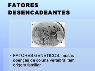FATORES GENÉTICOS: muitas doenças da coluna vertebral têm origem familiar FATORES DESENCADEANTES 