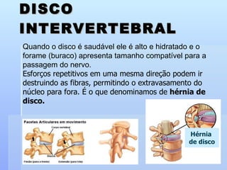 DISCO INTERVERTEBRAL Quando o disco é saudável ele é alto e hidratado e o forame (buraco) apresenta tamanho compatível para a passagem do nervo.  Esforços repetitivos em uma mesma direção podem ir destruindo as fibras, permitindo o extravasamento do núcleo para fora. É o que denominamos de  hérnia de disco. Hérnia  de disco 