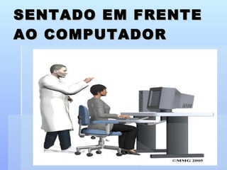 SENTADO EM FRENTE AO COMPUTADOR Punho alinhado Assento almofadado Espaço entre coxa e cadeira Apoiar costas no encosto Monitor na linha do olho Braços apoiados 