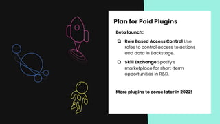 Plan for Paid Plugins
Beta launch:
❏ Role Based Access Control Use
roles to control access to actions
and data in Backstage.
❏ Skill Exchange Spotify’s
marketplace for short-term
opportunities in R&D.
More plugins to come later in 2022!
 
