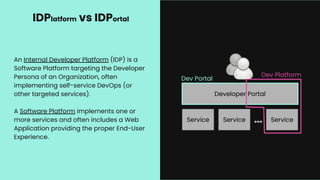 An Internal Developer Platform (IDP) is a
Software Platform targeting the Developer
Persona of an Organization, often
implementing self-service DevOps (or
other targeted services).
A Software Platform implements one or
more services and often includes a Web
Application providing the proper End-User
Experience.
IDPlatform vs IDPortal
Developer Portal
Service Service Service
…
Dev Portal
Dev Platform
 