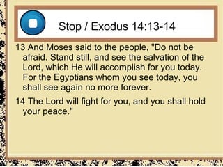 Stop / Exodus 14:13-14
13 And Moses said to the people, "Do not be
  afraid. Stand still, and see the salvation of the
  Lord, which He will accomplish for you today.
  For the Egyptians whom you see today, you
  shall see again no more forever.
14 The Lord will fight for you, and you shall hold
  your peace."
 