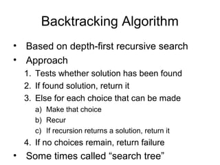 Backtracking Algorithm
• Based on depth-first recursive search
• Approach
1. Tests whether solution has been found
2. If found solution, return it
3. Else for each choice that can be made
a) Make that choice
b) Recur
c) If recursion returns a solution, return it
4. If no choices remain, return failure
• Some times called “search tree”
 