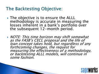 • How many years of losses can be estimated to be covered by any period-end
allowance when examining the current period allowance as compared to Net
Charge-offs Year to Date (annualized)?
• Does the current period's Net Charge-offs Year to Date (annualized) exceed the
prior period's allowance?
• Were there significant changes from one quarter to the next in the net charge-
offs? If so, did the allowance increase accordingly?
Important Analysis Questions
 