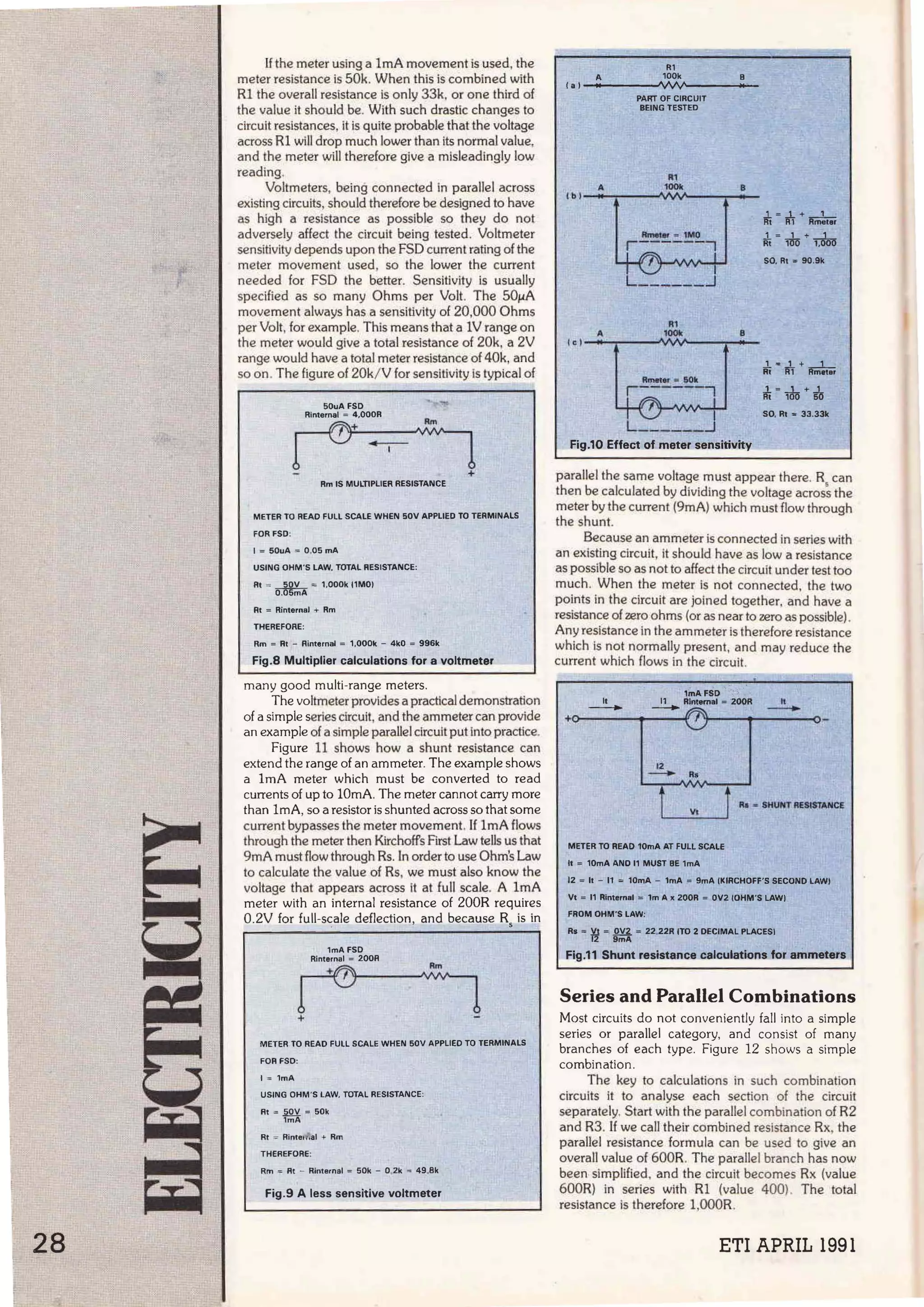 28
lfthe meter using a lmA movement is used, the
meter resistance is 50k. When Ibis is combined with
R1 the overall resistance is only 33k, or one lbird of
the value it shou.ld be. With such drastic changes to
circuit resistances, it is quite probable that the voltage
across Rl will drop much lower than its normal value,
and the meter will therefore give a mlsleadingly low
reading.
Voltmeters, being connected in parallel across
existing circuits, should therefore be designed to have
as high a resistance as possible so they do not
adversely affect the circult being tested. Voltmeter
sensitivity depends upon the FSD current rating of the
meter movement used, so the lower the current
needed for FSD the better. Sensitivity is usually
specified as so many Ohms per Volt. The 50¡.iA
movement always has a sensitivity of 20,000 Ohms
per Volt, for example. This means that a lV range on
the meter would give a total resistance of 20k, a 2V
range would have a totalmeter resistanceof 40k, and
so on. The Hgure of 20k/ V for sensitivity is typical of
SOuA FSO
~
! -1 !
+
Rm IS MULTIPLIER RESISTANCE
METER TO REAO FULL SCALE WHEN SOV APPLIEO TO TERMINALS
FOR FSO:
1 = SOuA = O.OS mA
USING OHM"S LAW, TOTAL RESISTANCE:
Rt = o.8~~A = 1.000k 11MO)
Rt = Rinternal + Rm
THEREFORE:
Rm = Rt - Rinternal = 1,0001< - 4k0 = 996k
Fig.8 Multiplier calculations for a voltmeter
rnany good multi-range meters.
The voitmeter provides a practica! dernonstration
of a simple series circult, and the arnmeter can provide
an example of a simple paraUel circuit put into practlce.
Figure 11 shows how a shunt resistance can
extend the range of an ammeter. The example shows
a lmA meter which must be converted to read
currents of up to lOmA. The meter cannot carry more
than lmA, so a resistor is shunted across so that sorne
current bypasses the meter movement. lf lmA flows
through the meter then Kirchoffs First Law tells us that
9mA must flow through Rs. In order to use Ohm's Law
to calculate the value of Rs, we must also know the
voltage that appears across !t at foil sea.le. A l mA
meter with an interna! resistance of 200R requires
0.2V for full-scale deflection, and because R, is in
1mAFSO
~
! 1 ' !
+
METER TO REAO FULL SCALE WHEN 50V APPLIEO TO TERMINALS
FOR FSO:
1 = 1mA
USING OHM 'S LAW, TOTAL RESISTANCE:
Rt =fil!.!. = SOk
1mA
Rt = Rintemal + Rm
THEREFORE:
Rm = Rt - Rinternal = 50k - 0.2k = 49.8k
Fig.9 A less sensitive voltmeter
.
L----'--------''------ - - - - - -
R1
A 100k B
(a)--<•~•----'"./VV'.._____
u~
PAIIT OF CIRCUIT
BEING TESTEO
R1
1·b1-...
~_,..g-r-~--_,.::: '
L------.J
A
R1
1 8
Fig.10 Effect of meter sensitivity
~ = 1'f + Rm!rer
¡¡.=~+~
SO. Rt ~ 90.9k
so.Rt • 33.33k
parallel the same voltage must appear there. R can
then be cakulated by dividing the voltage acros~ the
meter by the current (9mA) which must flow through
the shunt.
Because an ammeter is connected in serles with
an existing circuit, it should have as low a resistance
as possible so as not to affect the circuit under test too
much. When the meter is not connected, the two
points in the circuit are jolned together, and have a
resislance of zero ohms (oras near to zero as possible).
Any resistance in the ammeter is therefore resistance
which is not normally present, and may reduce the
current which flows in the circuit.
1inA·FSO
lt
- 11 Rlntomol =·zOOR h
- -
+o----......---1'
12
- Rs
Va
METER TO REAO 10mA AT FULL SCALE
lt = 10mA ANO 11 MUST BE 1mA
RO • SHUNT flESISTANCE
12 = lt - 11 = 10mA - 1mA = 9mA CKIRCHOFF'S SECONO LAWI
Vt = 11 Rinternal = 1m Ax 200R = OV2 (OHM'S LAW)
FROM OHM'S LAW:
Rs =19 = ~ =22.22R (TO 2 DECIMAL PLACES)
Fig.11 Shunt resistance calculations for ammeters
Series and Parallel Combinations
Most circuits do not conveniently fall into a simple
series or parallel category, and consist of many
branches of each type. Figure 12 shows a simple
combination.
The key to ca.lculations in such combination
circuits it to analyse each section of the circuí!
separately, Start with the parallel combination of R2
and R3. lf we call their combined resistance Rx, the
parallel resistance formula can be used to give an
overall value of600R. The parallel branch has now
been simplified, and the circuit becomes Rx (value
600R) in series with Rl (value 400) . The total
resistance is therefore 1,000R.
ETI APRIL 1991
 