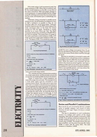 28
lfthe meter using a lmA movement is used, the
meter resistance is 50k. When Ibis is combined with
R1 the overall resistance is only 33k, or one lbird of
the value it shou.ld be. With such drastic changes to
circuit resistances, it is quite probable that the voltage
across Rl will drop much lower than its normal value,
and the meter will therefore give a mlsleadingly low
reading.
Voltmeters, being connected in parallel across
existing circuits, should therefore be designed to have
as high a resistance as possible so they do not
adversely affect the circult being tested. Voltmeter
sensitivity depends upon the FSD current rating of the
meter movement used, so the lower the current
needed for FSD the better. Sensitivity is usually
specified as so many Ohms per Volt. The 50¡.iA
movement always has a sensitivity of 20,000 Ohms
per Volt, for example. This means that a lV range on
the meter would give a total resistance of 20k, a 2V
range would have a totalmeter resistanceof 40k, and
so on. The Hgure of 20k/ V for sensitivity is typical of
SOuA FSO
~
! -1 !
+
Rm IS MULTIPLIER RESISTANCE
METER TO REAO FULL SCALE WHEN SOV APPLIEO TO TERMINALS
FOR FSO:
1 = SOuA = O.OS mA
USING OHM"S LAW, TOTAL RESISTANCE:
Rt = o.8~~A = 1.000k 11MO)
Rt = Rinternal + Rm
THEREFORE:
Rm = Rt - Rinternal = 1,0001< - 4k0 = 996k
Fig.8 Multiplier calculations for a voltmeter
rnany good multi-range meters.
The voitmeter provides a practica! dernonstration
of a simple series circult, and the arnmeter can provide
an example of a simple paraUel circuit put into practlce.
Figure 11 shows how a shunt resistance can
extend the range of an ammeter. The example shows
a lmA meter which must be converted to read
currents of up to lOmA. The meter cannot carry more
than lmA, so a resistor is shunted across so that sorne
current bypasses the meter movement. lf lmA flows
through the meter then Kirchoffs First Law tells us that
9mA must flow through Rs. In order to use Ohm's Law
to calculate the value of Rs, we must also know the
voltage that appears across !t at foil sea.le. A l mA
meter with an interna! resistance of 200R requires
0.2V for full-scale deflection, and because R, is in
1mAFSO
~
! 1 ' !
+
METER TO REAO FULL SCALE WHEN 50V APPLIEO TO TERMINALS
FOR FSO:
1 = 1mA
USING OHM 'S LAW, TOTAL RESISTANCE:
Rt =fil!.!. = SOk
1mA
Rt = Rintemal + Rm
THEREFORE:
Rm = Rt - Rinternal = 50k - 0.2k = 49.8k
Fig.9 A less sensitive voltmeter
.
L----'--------''------ - - - - - -
R1
A 100k B
(a)--<•~•----'"./VV'.._____
u~
PAIIT OF CIRCUIT
BEING TESTEO
R1
1·b1-...
~_,..g-r-~--_,.::: '
L------.J
A
R1
1 8
Fig.10 Effect of meter sensitivity
~ = 1'f + Rm!rer
¡¡.=~+~
SO. Rt ~ 90.9k
so.Rt • 33.33k
parallel the same voltage must appear there. R can
then be cakulated by dividing the voltage acros~ the
meter by the current (9mA) which must flow through
the shunt.
Because an ammeter is connected in serles with
an existing circuit, it should have as low a resistance
as possible so as not to affect the circuit under test too
much. When the meter is not connected, the two
points in the circuit are jolned together, and have a
resislance of zero ohms (oras near to zero as possible).
Any resistance in the ammeter is therefore resistance
which is not normally present, and may reduce the
current which flows in the circuit.
1inA·FSO
lt
- 11 Rlntomol =·zOOR h
- -
+o----......---1'
12
- Rs
Va
METER TO REAO 10mA AT FULL SCALE
lt = 10mA ANO 11 MUST BE 1mA
RO • SHUNT flESISTANCE
12 = lt - 11 = 10mA - 1mA = 9mA CKIRCHOFF'S SECONO LAWI
Vt = 11 Rinternal = 1m Ax 200R = OV2 (OHM'S LAW)
FROM OHM'S LAW:
Rs =19 = ~ =22.22R (TO 2 DECIMAL PLACES)
Fig.11 Shunt resistance calculations for ammeters
Series and Parallel Combinations
Most circuits do not conveniently fall into a simple
series or parallel category, and consist of many
branches of each type. Figure 12 shows a simple
combination.
The key to ca.lculations in such combination
circuits it to analyse each section of the circuí!
separately, Start with the parallel combination of R2
and R3. lf we call their combined resistance Rx, the
parallel resistance formula can be used to give an
overall value of600R. The parallel branch has now
been simplified, and the circuit becomes Rx (value
600R) in series with Rl (value 400) . The total
resistance is therefore 1,000R.
ETI APRIL 1991
 