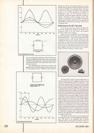 20
+16
p
-10 ~~-,-~~-.-~~.....-~-..~~-.-~---,.....-~-..~--.
o 46 90 135 180 226 270 315 360
DEGREES
1
-
·O·
CURRENT AND VOLTAGE
IN PHASE
Fig.7 Resistive AC circuit
... 10 so•
p
anee or reducing the resistance. Notice that the time
constant is affected by the entire circuit, not just the
coi! itself. In the circuit shown, the current through the
coi! will reach 63.2% of its maximum value in one-
tenth of a second.
The measurement of the time constant also
applies when current through the coil is decreasing.
lt is the period of time it takes for the curren! to
CURRENT LAGS VOLTAGE BY 90°
VOLTAGE LEADS CURRENT BY 90°
AVERAGE POWER ~ O
- IOL-~--,..~~-.-~~r-~--,..~~-.-~~r-~-,-~--,
O 45 90 135 180 225 Z70 315 380
DEGREES
Fig.8 lnductive AC circuit
diminish by 63.2% of its original value (or, to put it
another way, the length of time it takes for the current
to drop to 36.8% of its starting value). We have
covered sorne importan! concepts in the preceding
section, so it is worth pausing for a moment to
recapitulate. Here are the importan! points to
remember: Inductance always opposes a change in
curren!; increasing supply curren! causes self-
induction to generate a counter-EMF; decreasing
su¡:íply curren! causes self-induction to generate an
aiding EMF; an inductor stores energy in the form of
a magnetic field.
lnductance In AC Circuits
So far we have seen how inductance affects OC
circuits by delaying the build-up of curren! to its
maximum value. In an AC circuí!, the situation
becomes a little more complex.
Figure 7 shows a simple AC circuí! consisting of
just one load resistor anda power source. The graph
should look familiar - it is the one we used last month
to examine power in AC circuits. Notice how the
voltage and curren! curves, E and 1, are in phase with
each other (i.e. they both reach their positive peak at
the same time, both cross the zero point at the same
time, and so on) . Recall that the power curve never
goes negative, because the product of two negative
values (E and 1) is always a positive value.
In Figure 8 the resistor has been replaced by an
inductor. Look closely at the voltage and curren!curves
and you will see thatthey are 90° out of phase - as E
reaches its negative peak,for instance, 1is just crossing
zero on its way to the negative peak. We can say either
that the curren! lags the voltage by 90° or that the
voltage leads the curren! by 90°.The descriptions are
equivalen! and are justtwo different ways ofsayingthe
same thing. The reason for this phase shift is the self-
inductance ofthe coil. The phase ofthe source voltage
is determined by the power supply, but the inductor
causes the current to lag behind. The graph in Figure
8 also shows how the power curve would appear.
When voltage and curren! are both positive or both
negative, the resulting product (P) is positive. When
either E or 1is positive and the other is negative, the
power curve drops below zero. As has been already
stated, a negative power levelimplies that the circuí! is
supplying power instead of consuming it. During the
positive parts ofthe powercyclethe inductoriscreating
an expanding magnetic field. During the negative
portions, the magnetic field is collapsing and returning
its energy to the circuí!.
You will see that the power curve is symmetrical
and centered on zero, so its average level is, therefore,
zero. This leads to an importan! fact: A purely
inductive circuit, such as the one shown, does no!
consume any power. Ali the power taken to create a
ETI JUNE 1991
 