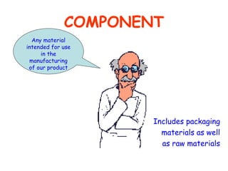 COMPONENT Includes packaging materials as well as raw materials Any material intended for use in the manufacturing of our product 