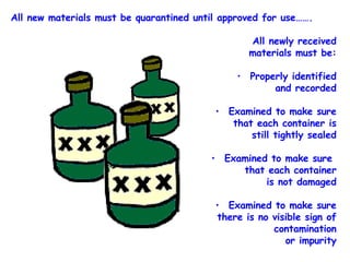 All new materials must be quarantined until approved for use……. All newly received materials must be: Properly identified and recorded Examined to make sure that each container is still tightly sealed Examined to make sure  that each container is not damaged Examined to make sure there is no visible sign of contamination or impurity 