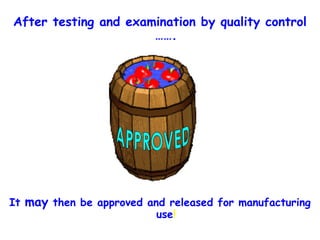 After testing and examination by quality control ……. It  may  then be approved and released for manufacturing use ! APPROVED 