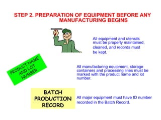 STEP 2. PREPARATION OF EQUIPMENT BEFORE ANY    MANUFACTURING BEGINS All equipment and utensils  must be properly maintained,  cleaned, and records must  be kept. All manufacturing equipment, storage  containers and processing lines must be  marked with the product name and lot  number. All major equipment must have ID number recorded in the Batch Record. PRODUCT NAME AND LOT NUMBER BATCH PRODUCTION RECORD 