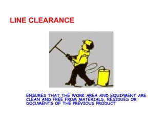 LINE CLEARANCE ENSURES THAT THE WORK AREA AND EQUIPMENT ARE CLEAN AND FREE FROM MATERIALS, RESIDUES OR DOCUMENTS OF THE PREVIOUS PRODUCT 