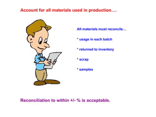 Account for all materials used in production…. All materials must reconcile… * usage in each batch * returned to inventory * scrap * samples Reconciliation to within +/- % is acceptable. 