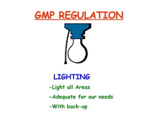 GMP REGULATION -Light all Areas -Adequate for our needs -With back-up LIGHTING 