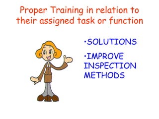 Proper Training in relation to their assigned task or function SOLUTIONS IMPROVE  INSPECTION METHODS 