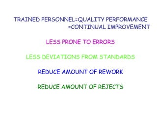 TRAINED PERSONNEL=QUALITY PERFORMANCE   =CONTINUAL IMPROVEMENT LESS PRONE TO ERRORS LESS DEVIATIONS FROM STANDARDS REDUCE AMOUNT OF REWORK REDUCE AMOUNT OF REJECTS 