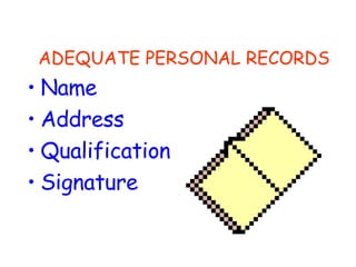 ADEQUATE PERSONAL RECORDS Name  Address Qualification Signature 