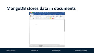 #BackToBasics #MongoDB @KenWAlger @Lauren_Schaefer
MongoDB stores data in documents
 