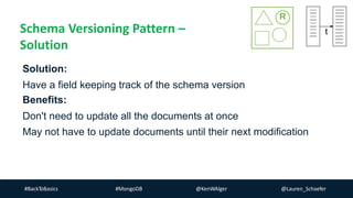#BackToBasics #MongoDB @KenWAlger @Lauren_Schaefer
Solution:
Have a field keeping track of the schema version
Schema Versioning Pattern –
Solution
Benefits:
Don't need to update all the documents at once
May not have to update documents until their next modification
 